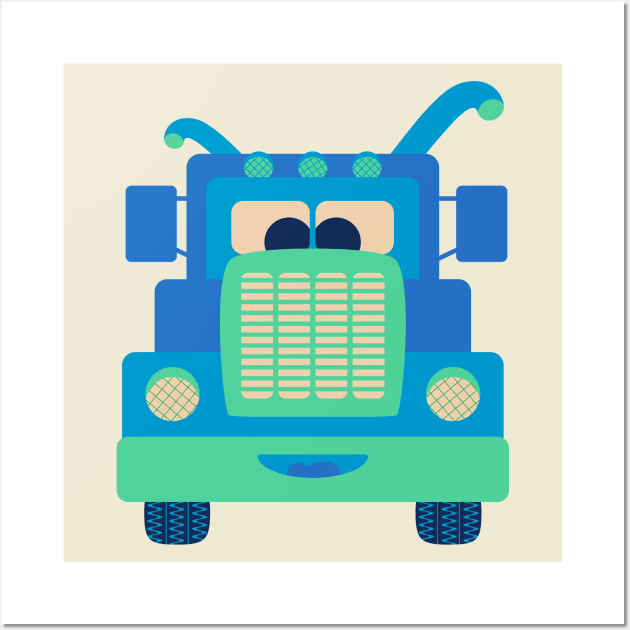 FRIENDLY BLUE TRUCK BUDDY Cute Kawaii Vehicle Kids Transportation - UnBlink Studio by Jackie Tahara Wall Art by UnBlink Studio by Jackie Tahara